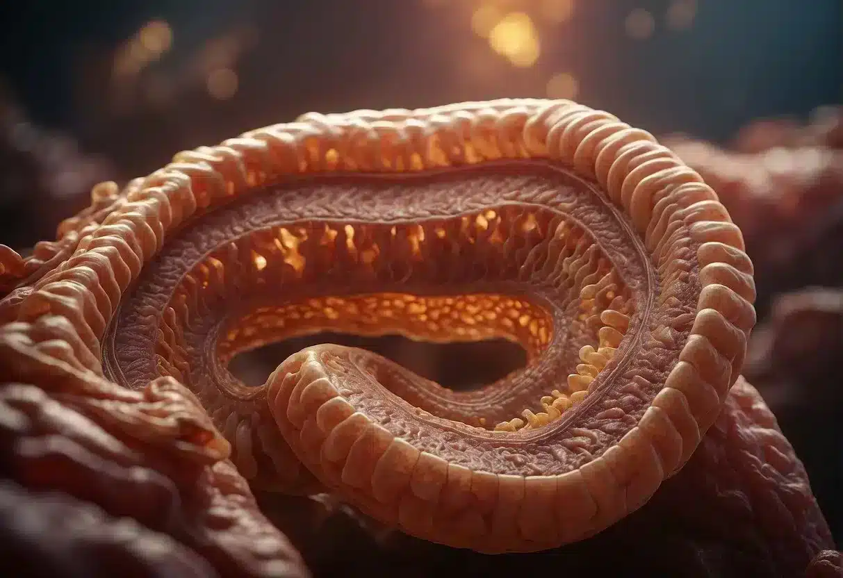 A diseased intestine with inflamed and damaged tissue, showing signs of ulceration and inflammation characteristic of IBD