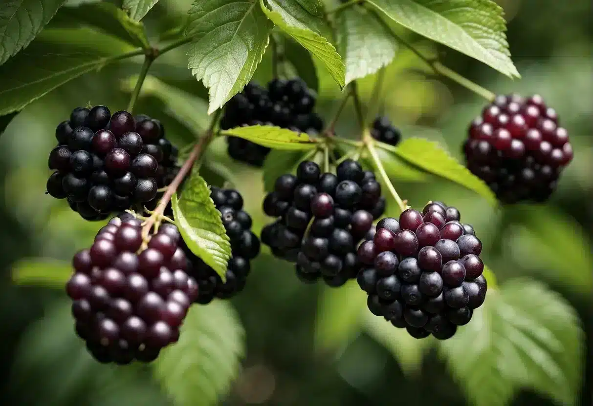 A cluster of elderberry bushes with ripe, dark purple berries hanging from the branches. Leaves are green and serrated, while the flowers are small and creamy white