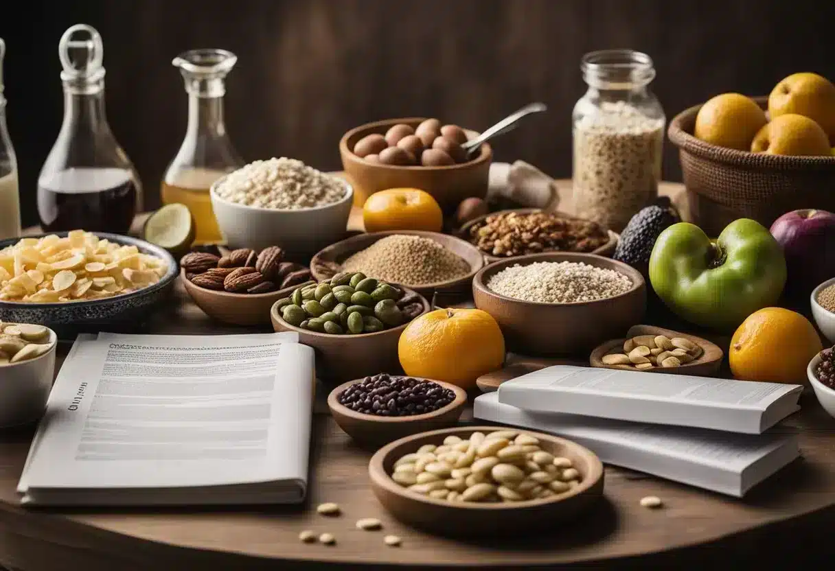 A table covered with various magnesium-rich foods, surrounded by research papers and studies on dementia