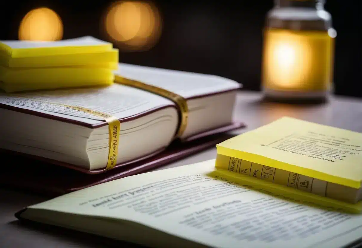 A stack of medical books open to a page on inflammatory bowel disease, with highlighted text and post-it notes