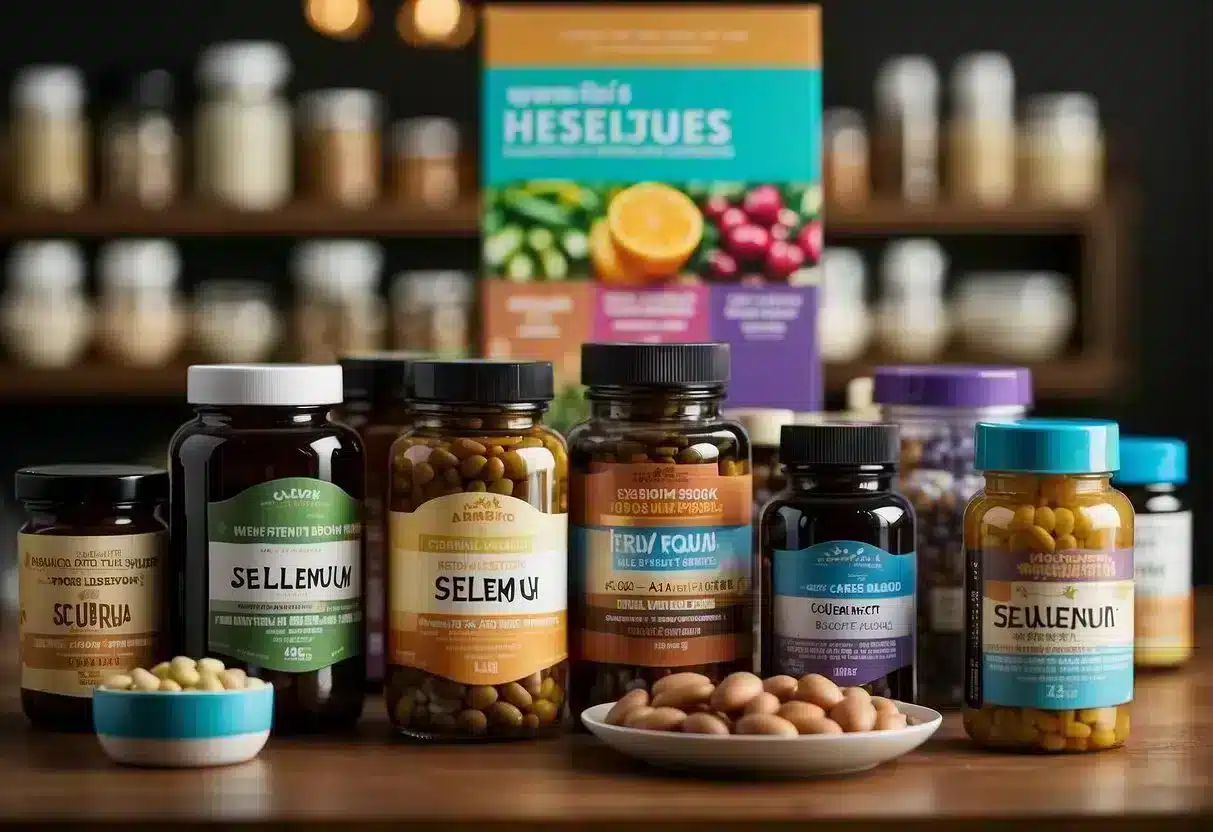 A colorful array of selenium-rich foods, such as Brazil nuts, fish, and eggs, surrounded by vibrant green leafy vegetables and bright yellow fruits