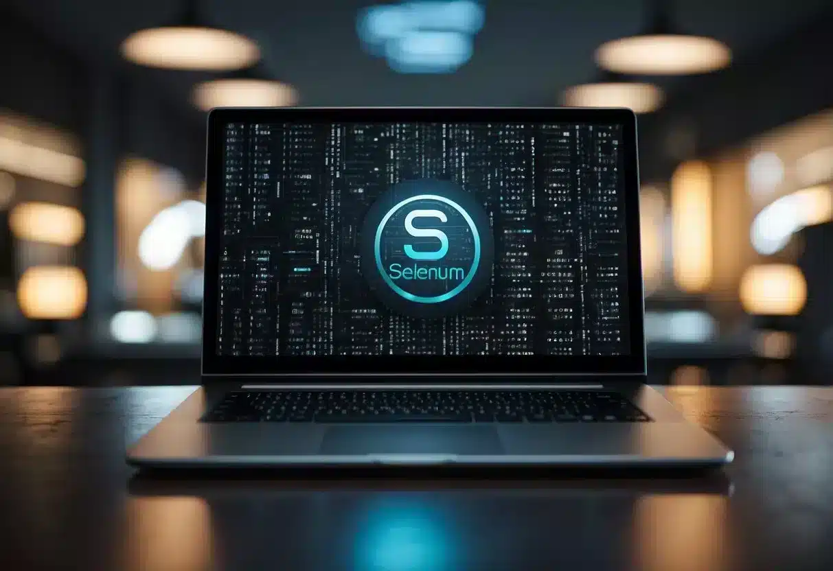 Selenium logo shining on a computer screen with code and web elements in the background