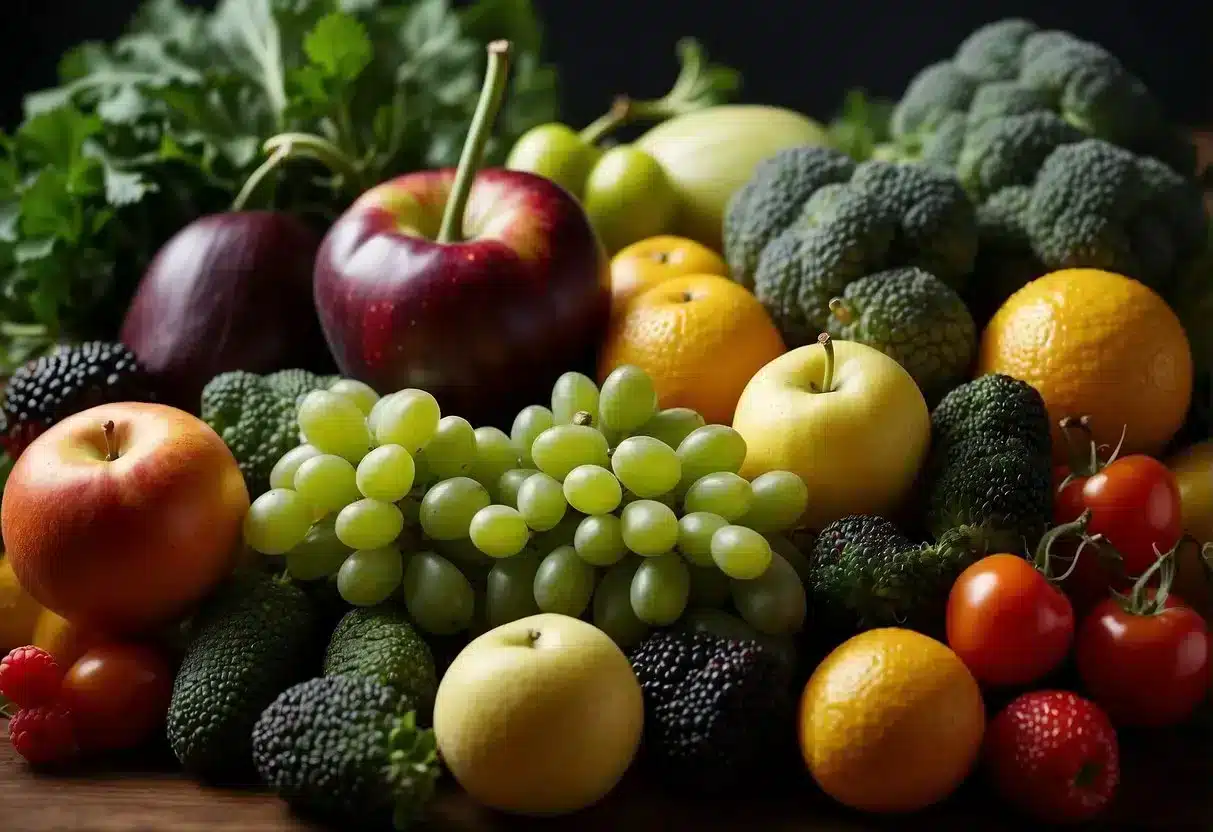 A colorful array of fruits and vegetables rich in selenium, surrounded by a glowing aura of health and vitality