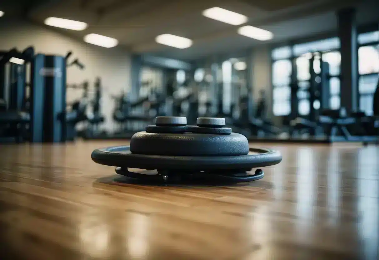 A sled loaded with weights is being pushed across a gym floor, with a focus on the motion and effort of the workout