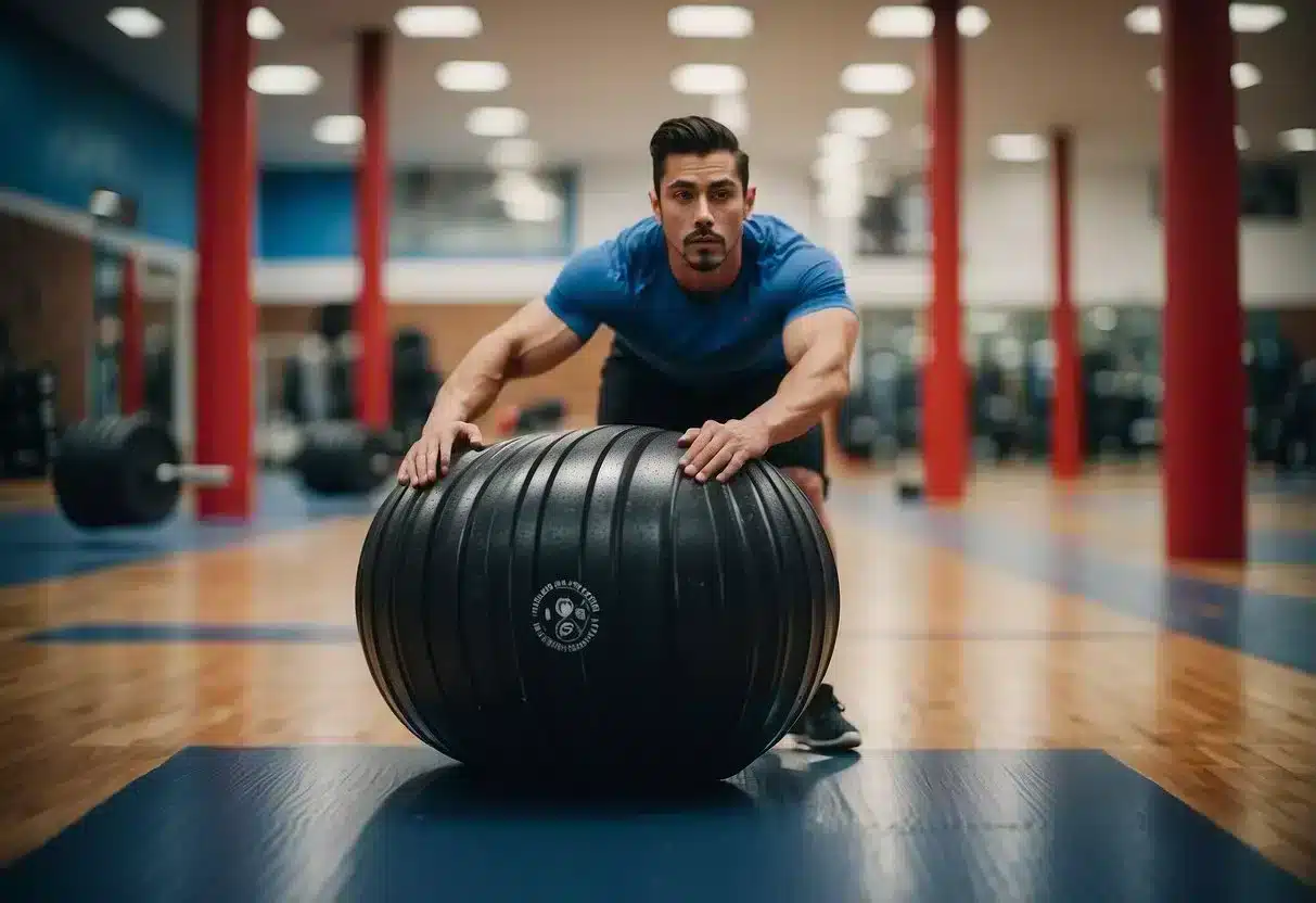 A person pushes a sled loaded with weights across a gym floor