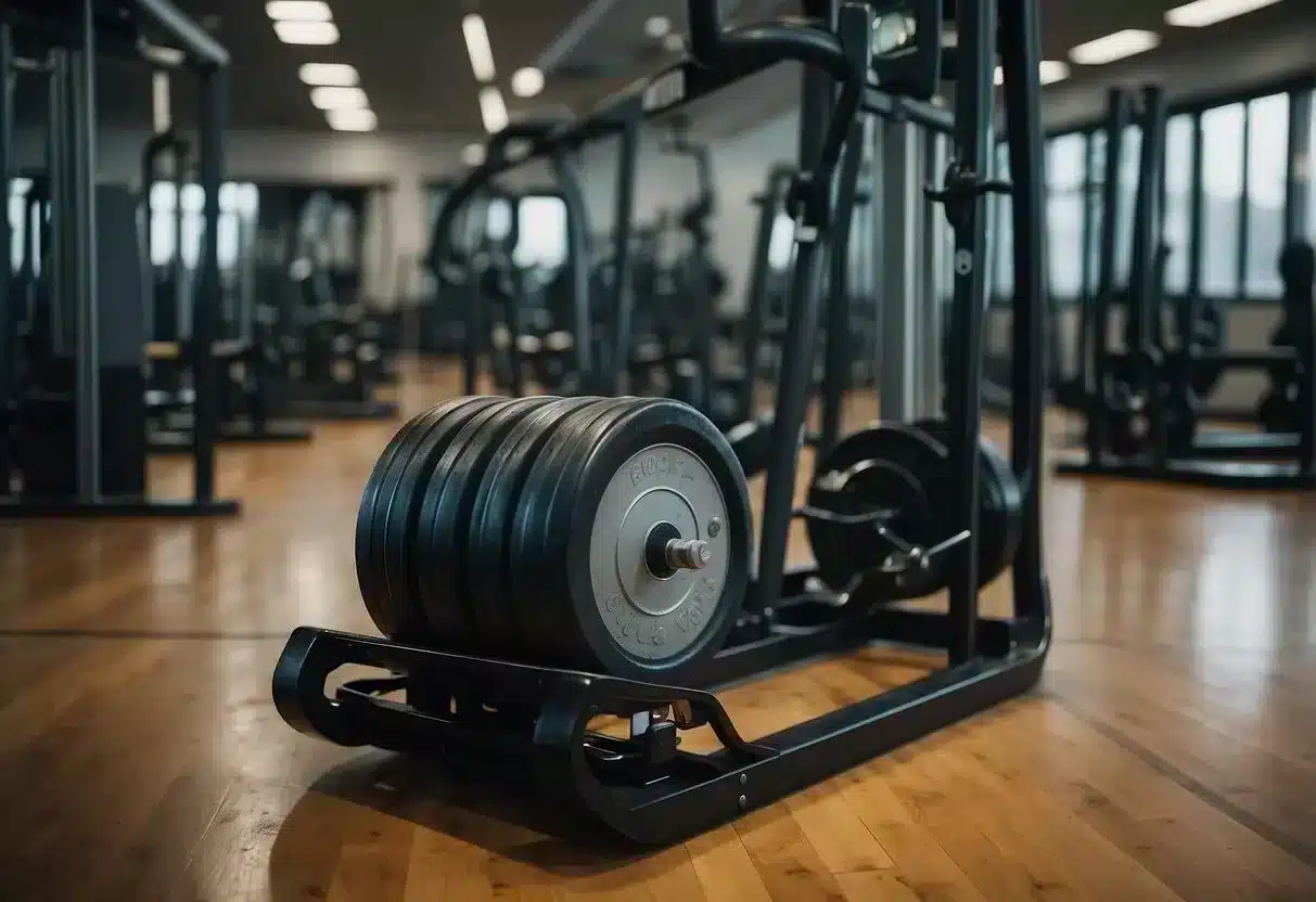 A sled loaded with weights is being pushed across a gym floor. Various accessories like harnesses and straps are nearby