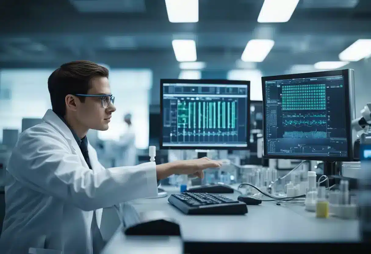 A laboratory setting with equipment and tools for genetic manipulation, computer screens displaying DNA sequences, and a biohacker working on a complex experiment