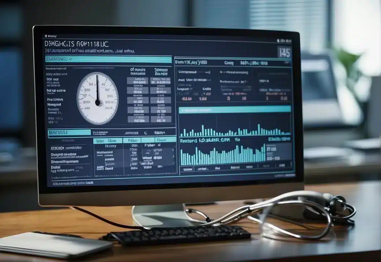 A doctor's office with a stethoscope, medical charts, and a computer screen showing "Diagnosis of IBD" on the monitor