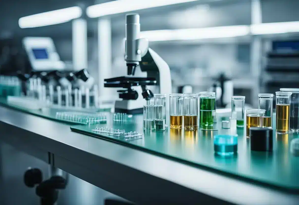 A table with biohacking tools: microscopes, pipettes, petri dishes, and vials. A computer with DNA sequencing software. Bright, modern laboratory setting