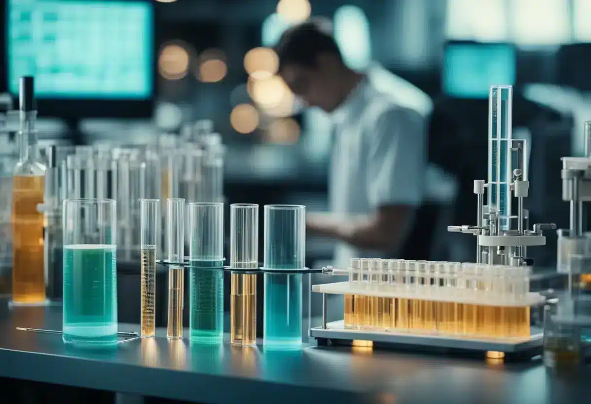 A lab table with test tubes, petri dishes, and scientific equipment. A computer screen displays genetic sequences and biohacking data