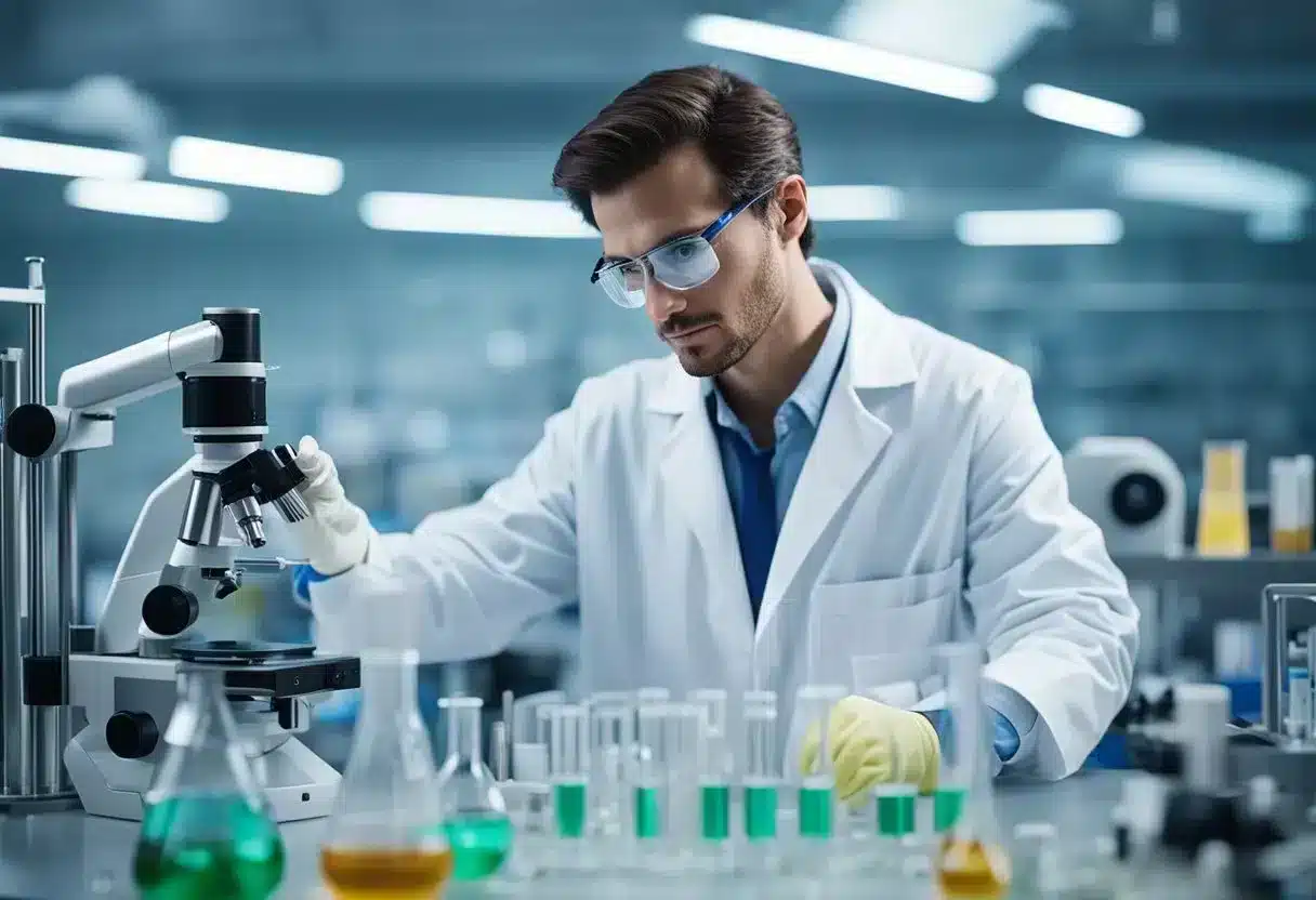 A scientist in a lab, surrounded by biohacking equipment and safety gear, carefully conducting experiments with genetic material and bioinformatics tools