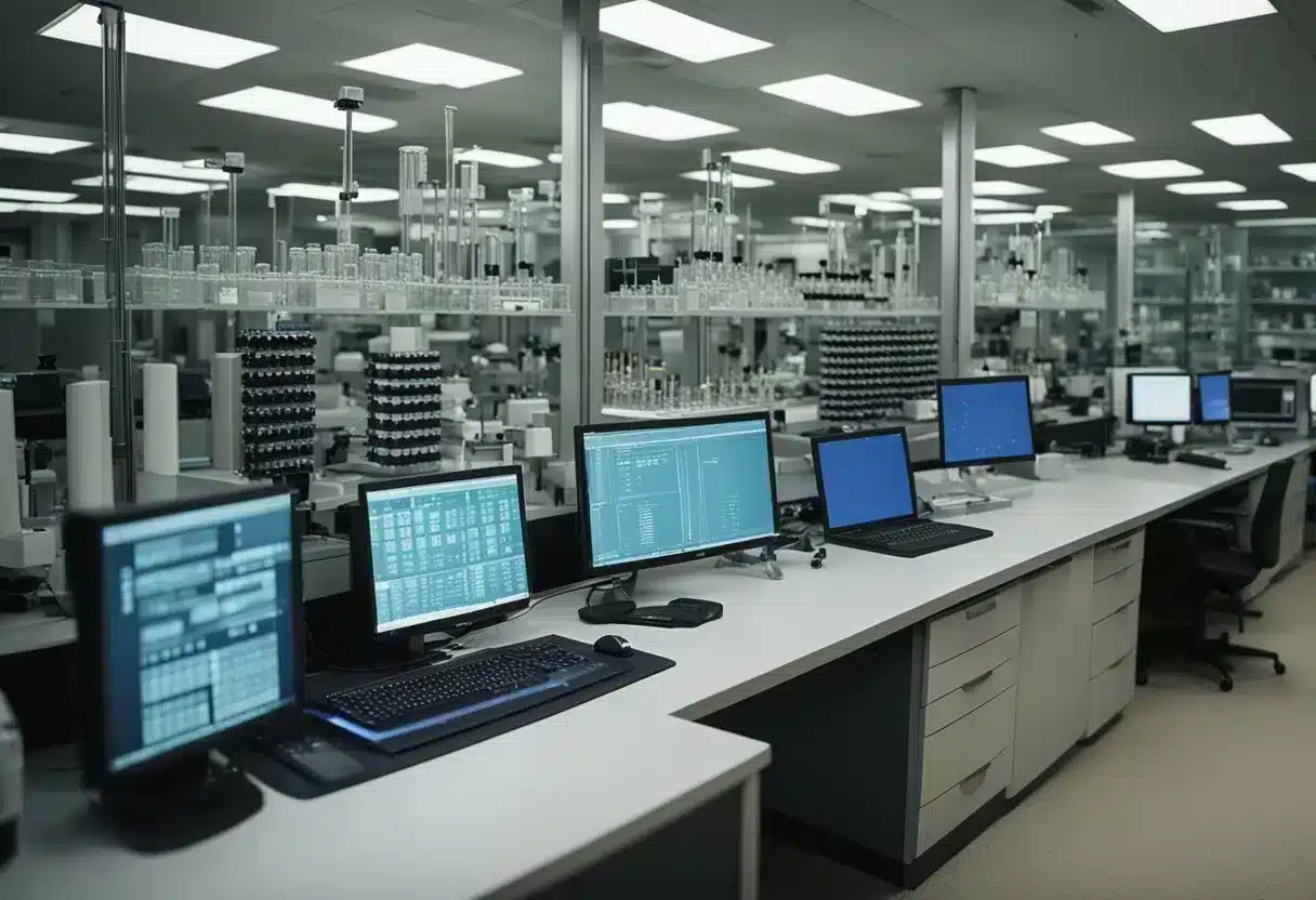 A laboratory setting with equipment and tools for genetic editing and experimentation, including microscopes, test tubes, and computer monitors displaying DNA sequences