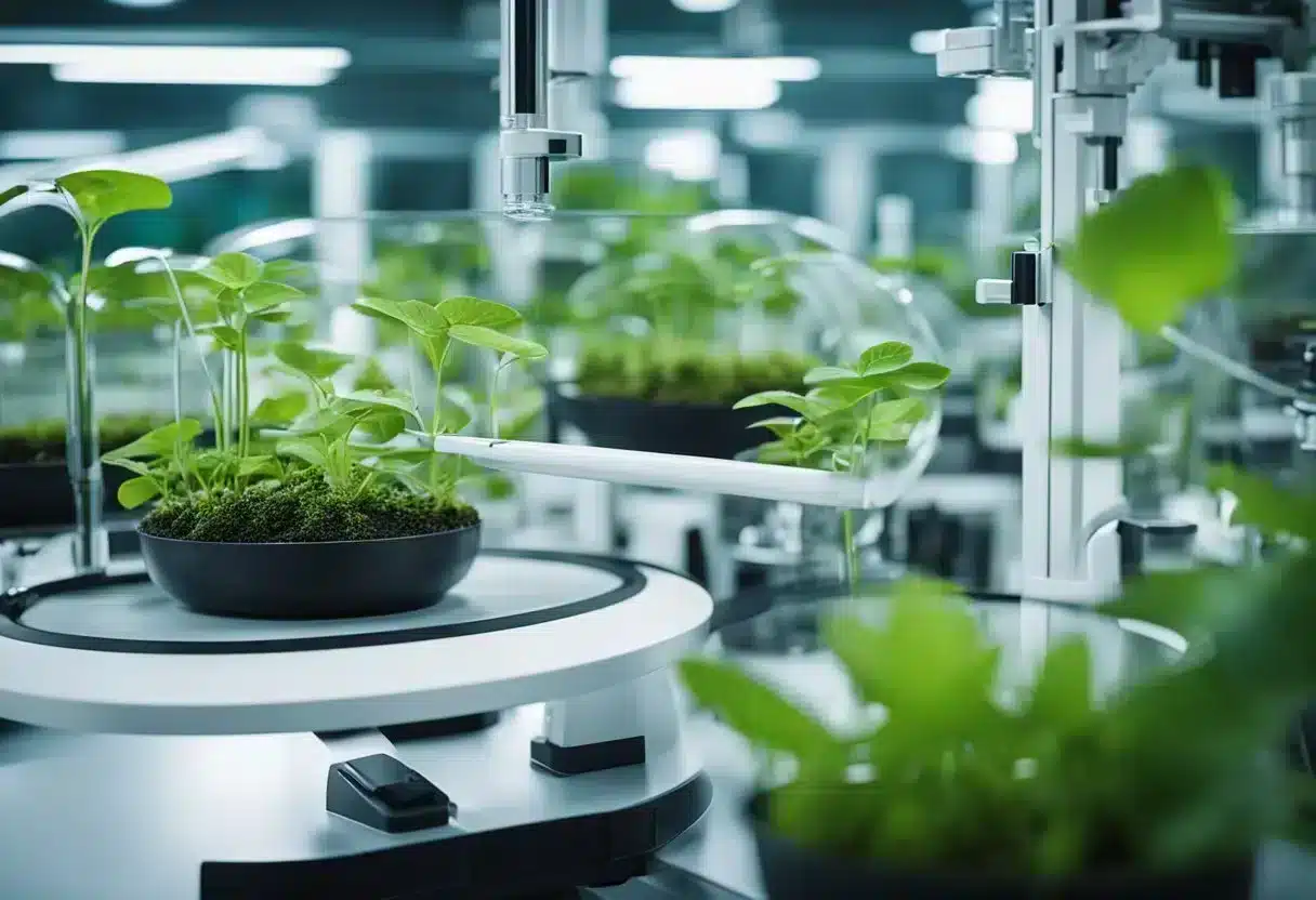 A laboratory setting with futuristic equipment and plants modified through biohacking, showcasing the intersection of technology and nature