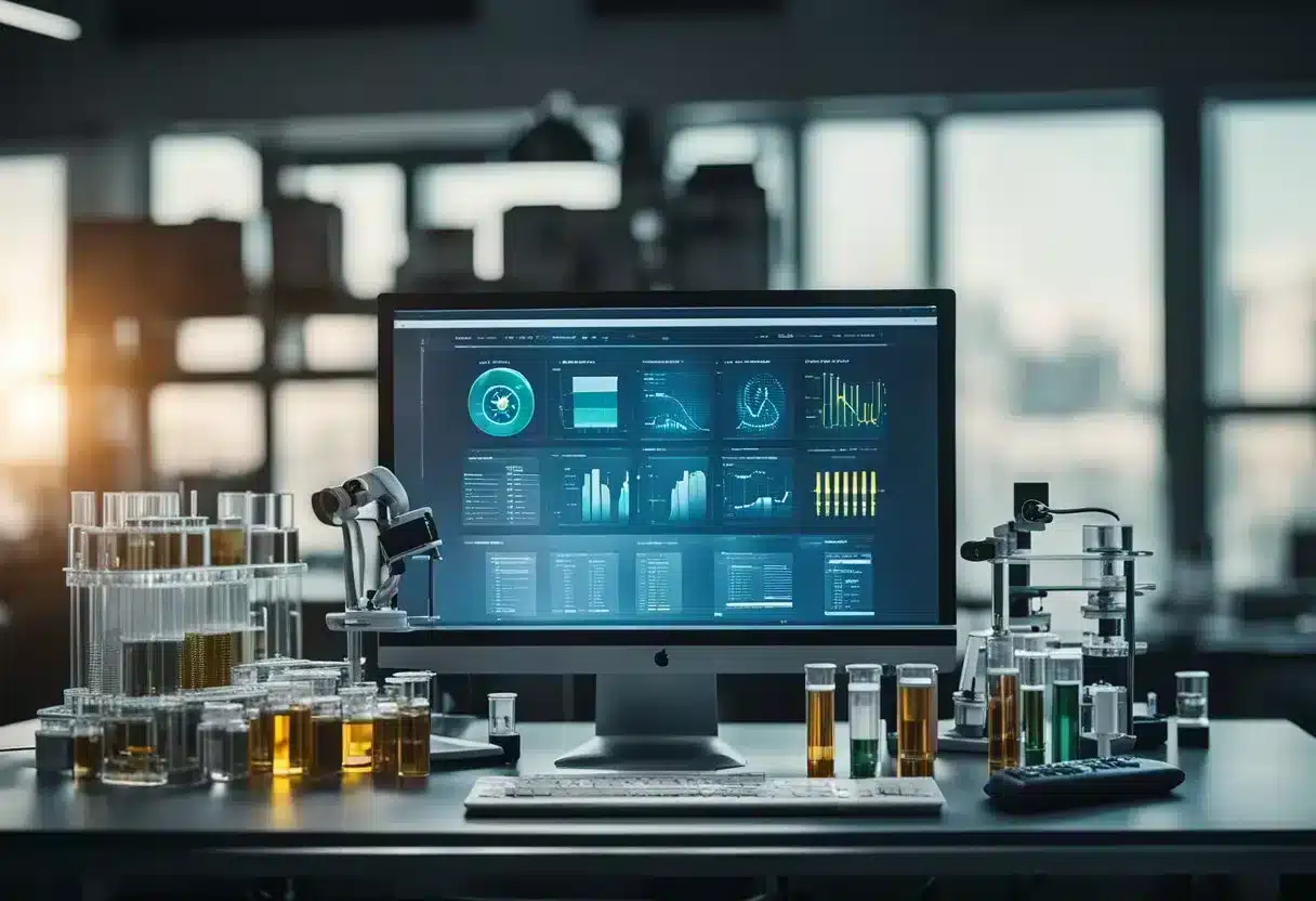 A lab table with biohacking equipment and tools arranged neatly, with test tubes, petri dishes, and a computer screen displaying genetic data
