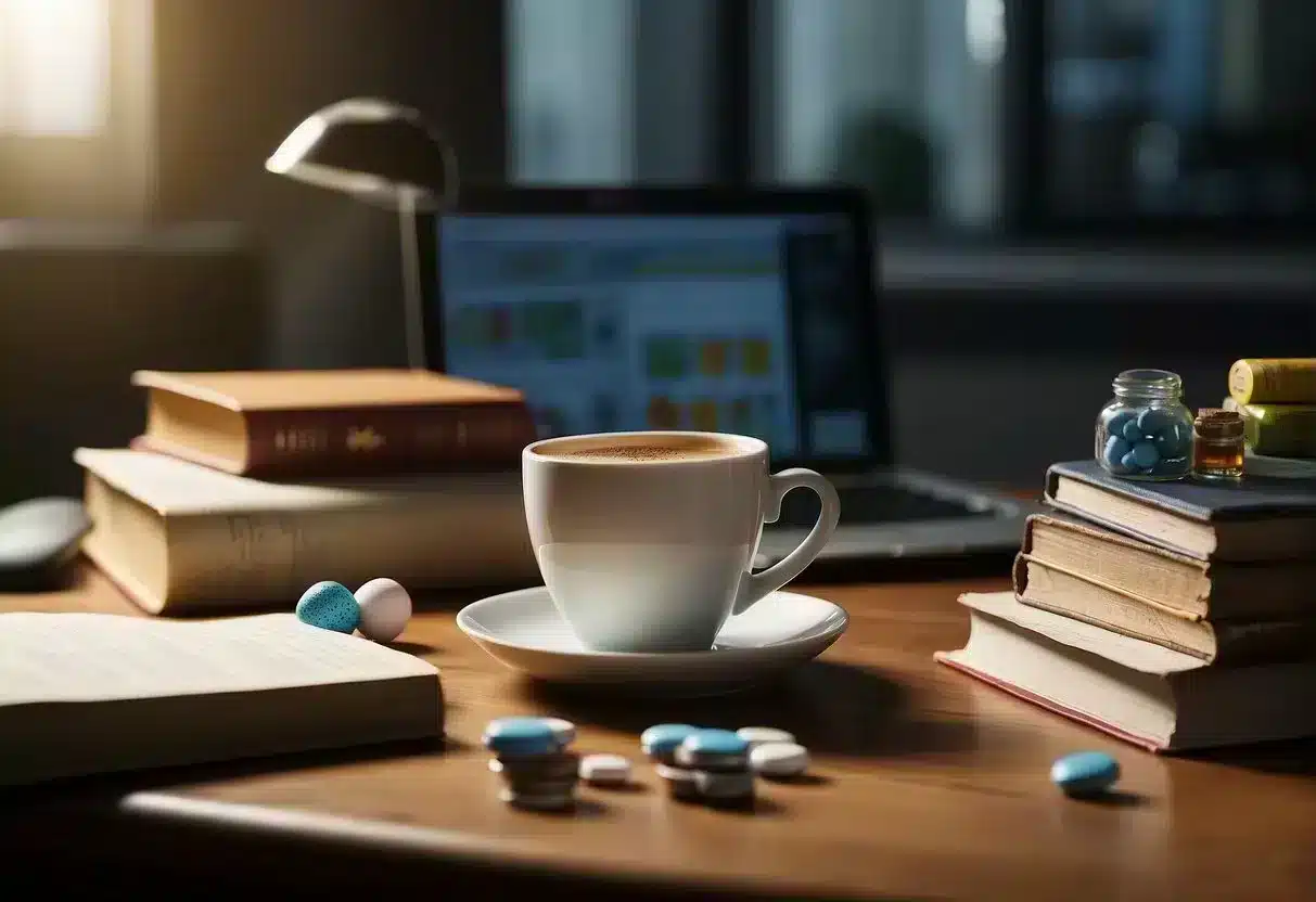 A cluttered desk with open bottles of supplements and a laptop showing research on cognitive enhancement