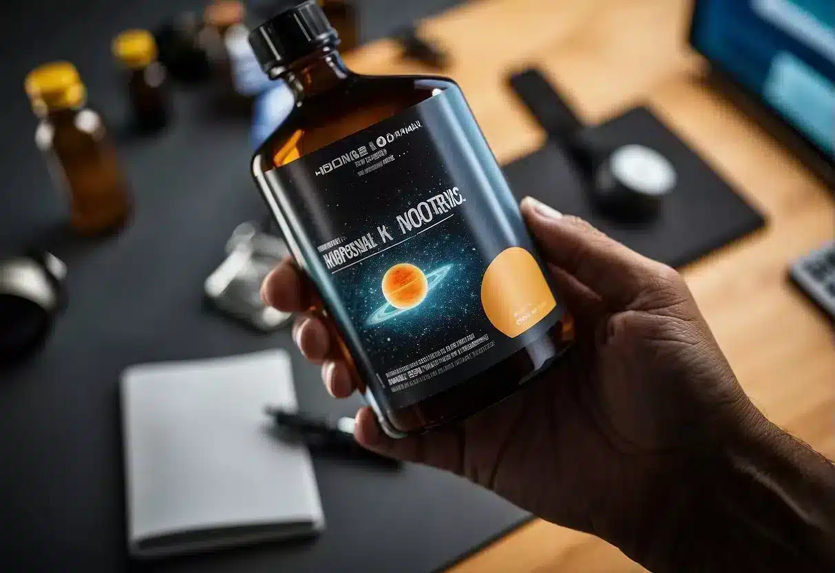 A person's hand holding a bottle of nootropics, with a backdrop of a modern, clean and organized workspace