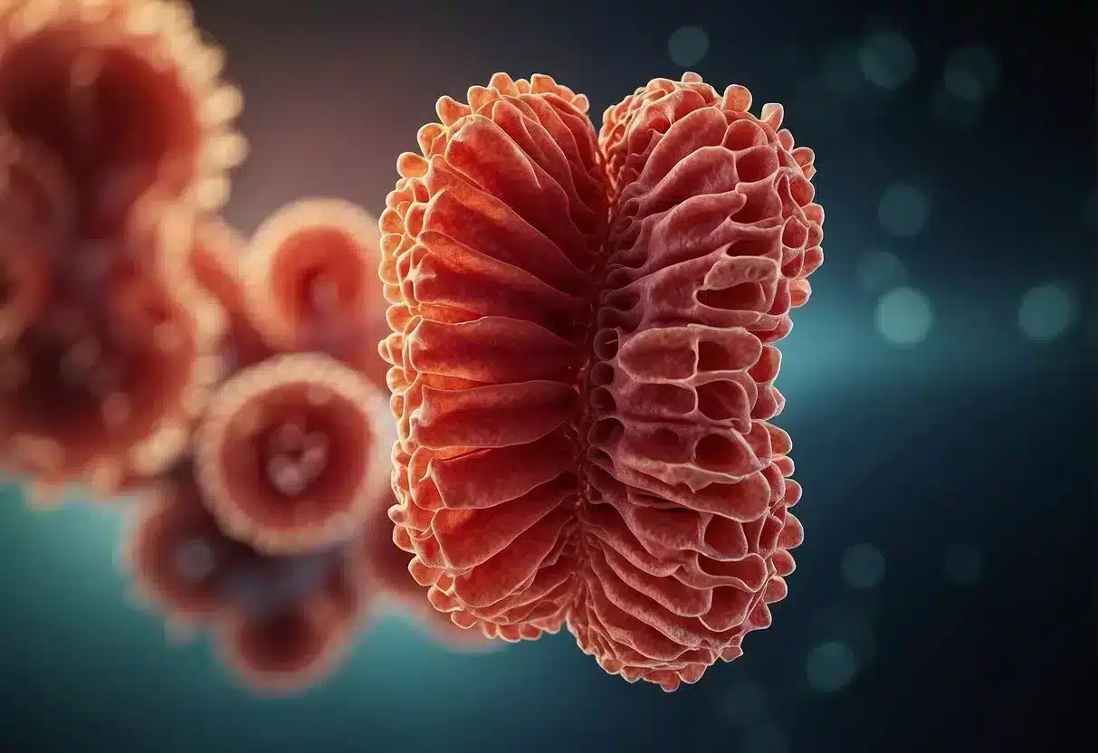 A red, inflamed intestine with jagged edges and visible ulcers. Surrounding tissue shows signs of inflammation and damage