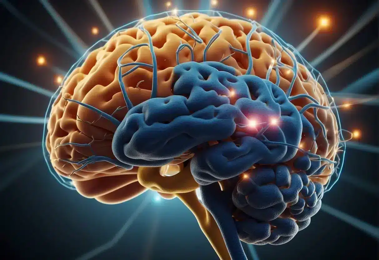 Nootropics enhance brain function. Show a brain with electrical signals and neurotransmitters. Include labeled nootropic molecules entering the brain