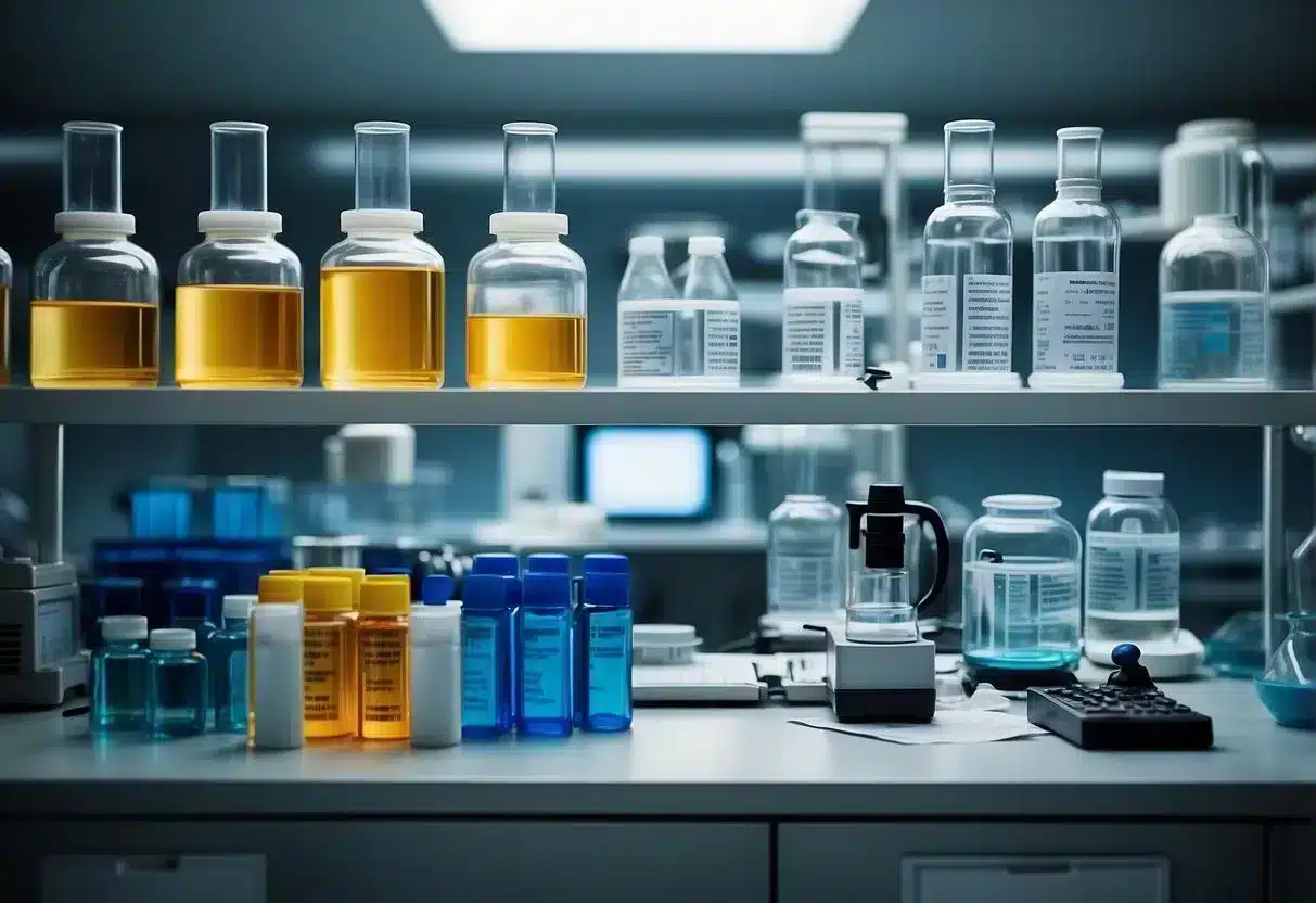 A laboratory setting with shelves of labeled containers, safety equipment, and regulatory documents