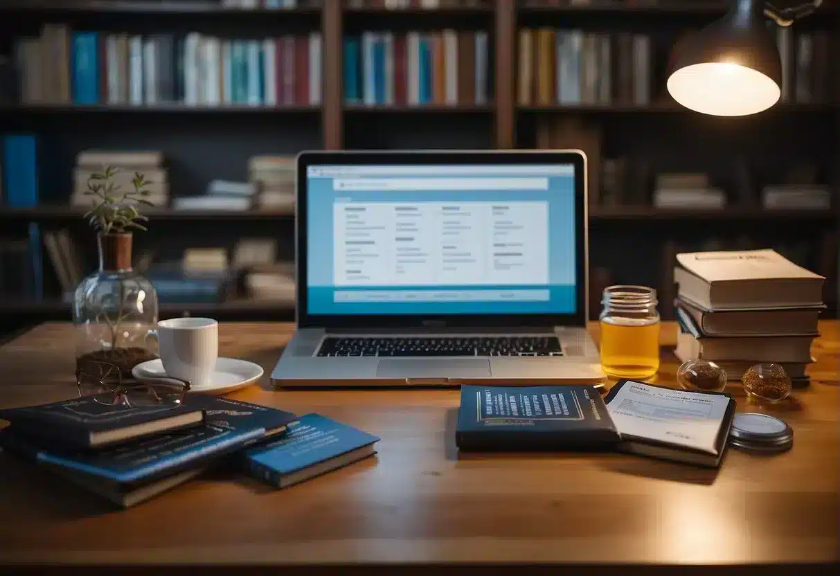 A table with various nootropic supplements, surrounded by books and a laptop, symbolizing focus and cognitive enhancement