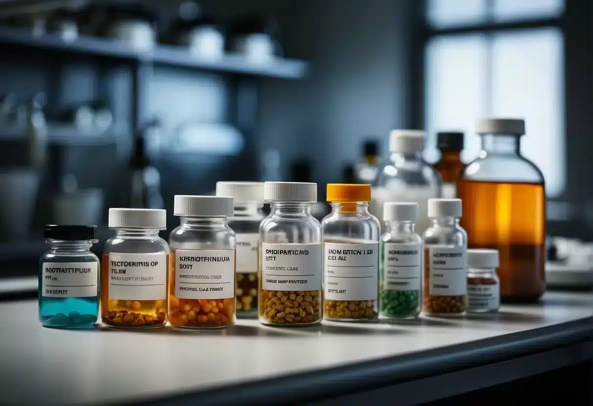 A lab bench with various labeled containers of nootropics and scientific equipment for specific purposes