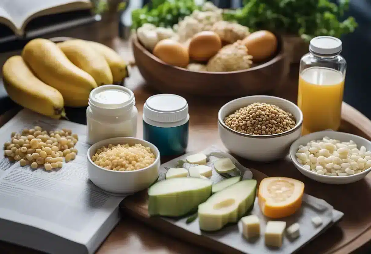A colorful array of gut-friendly foods and a bottle of probiotics, surrounded by medical literature on diabetes management