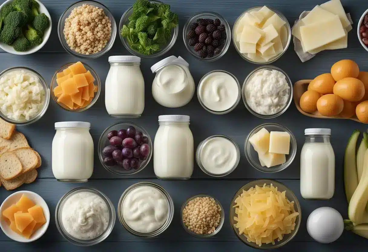 A table with a variety of probiotic foods such as yogurt, kefir, kombucha, and sauerkraut. A nutrition label showing "best probiotic for diabetes" highlighted