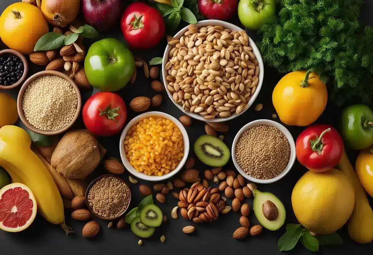 Colorful array of fruits, vegetables, and whole grains on a table, with a variety of herbs and spices. A bowl of nuts and seeds, along with fish and olive oil, complete the scene