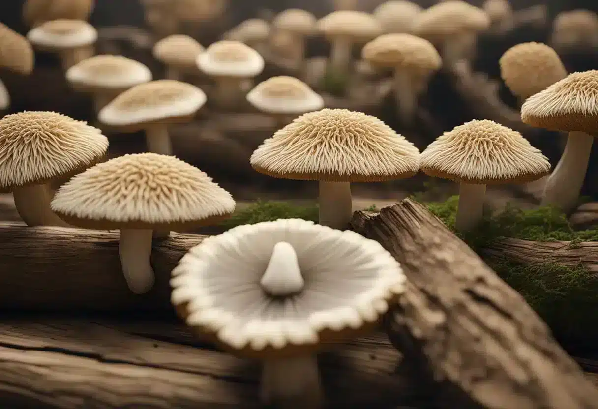 Lion's Mane mushrooms are carefully cultivated on wooden logs. Harvesters use sharp knives to carefully cut the ripe mushrooms from the logs
