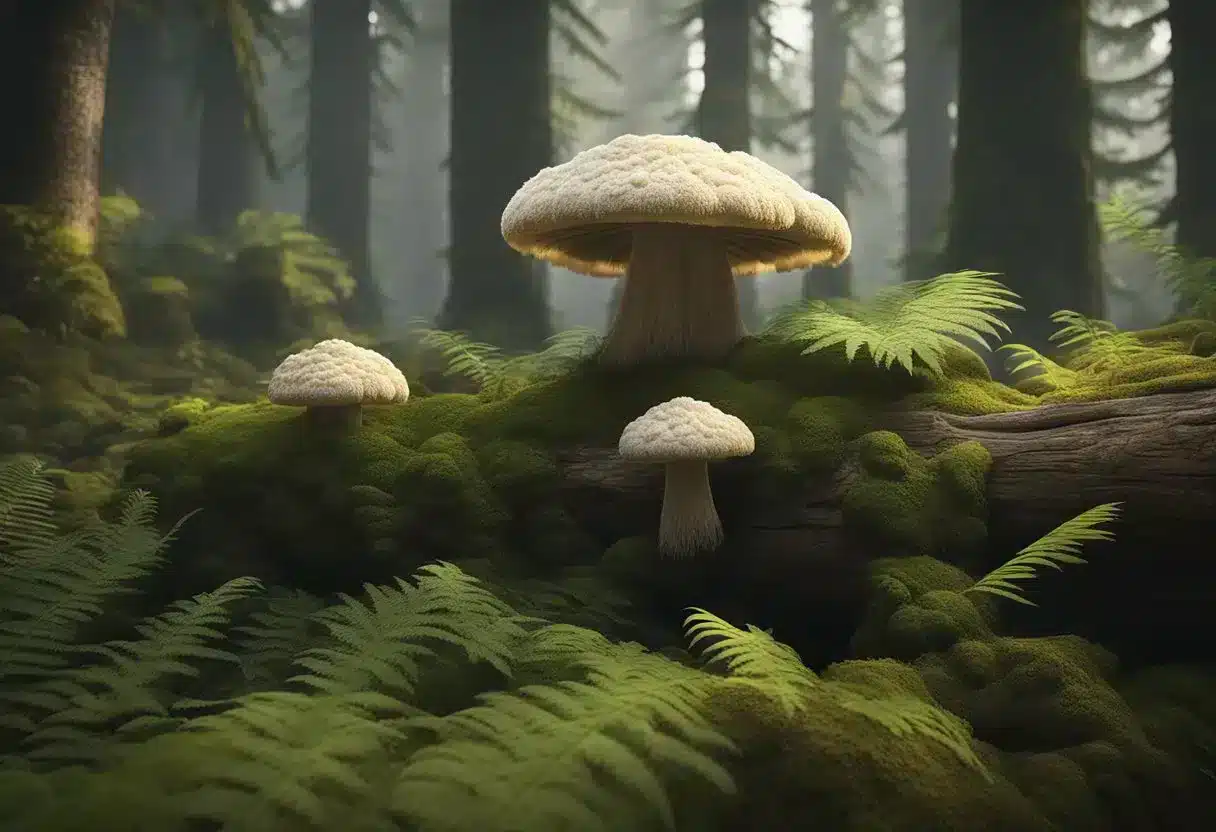 Lion's Mane mushrooms grow on a decaying log in a dense forest, surrounded by ferns and moss. The mushrooms are large, with cascading white tendrils resembling a lion's mane, symbolizing their cultural and historical significance