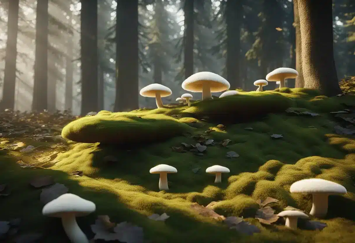 Lion's Mane mushrooms grow on a moss-covered forest floor, surrounded by other fungi and fallen leaves. The mushrooms have long, flowing white spines that resemble a lion's mane, and they emit a soft, ethereal glow, creating a sense