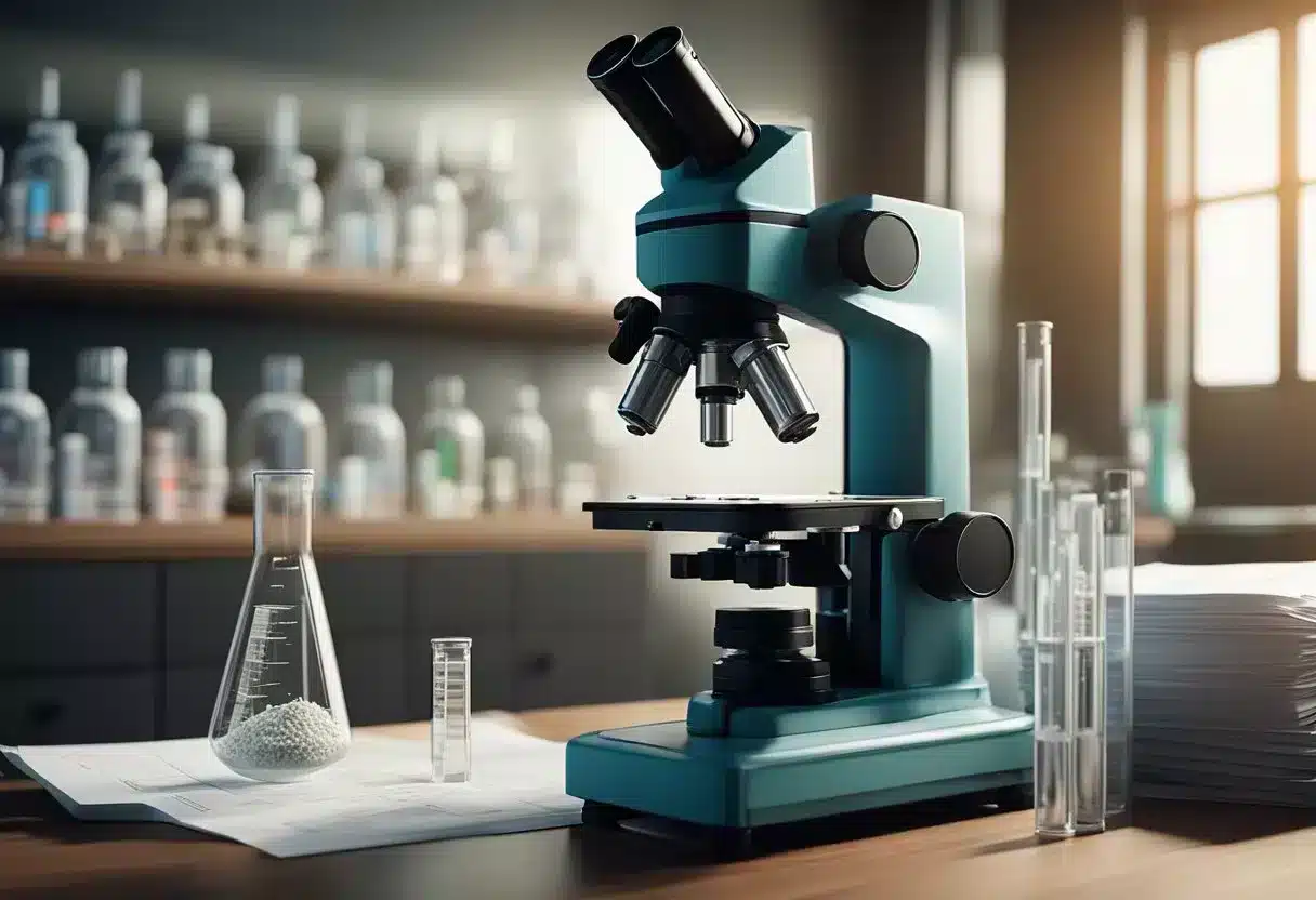 A microscope and test tubes sit on a lab bench, surrounded by scientific papers on autoimmune rheumatic diseases prevention