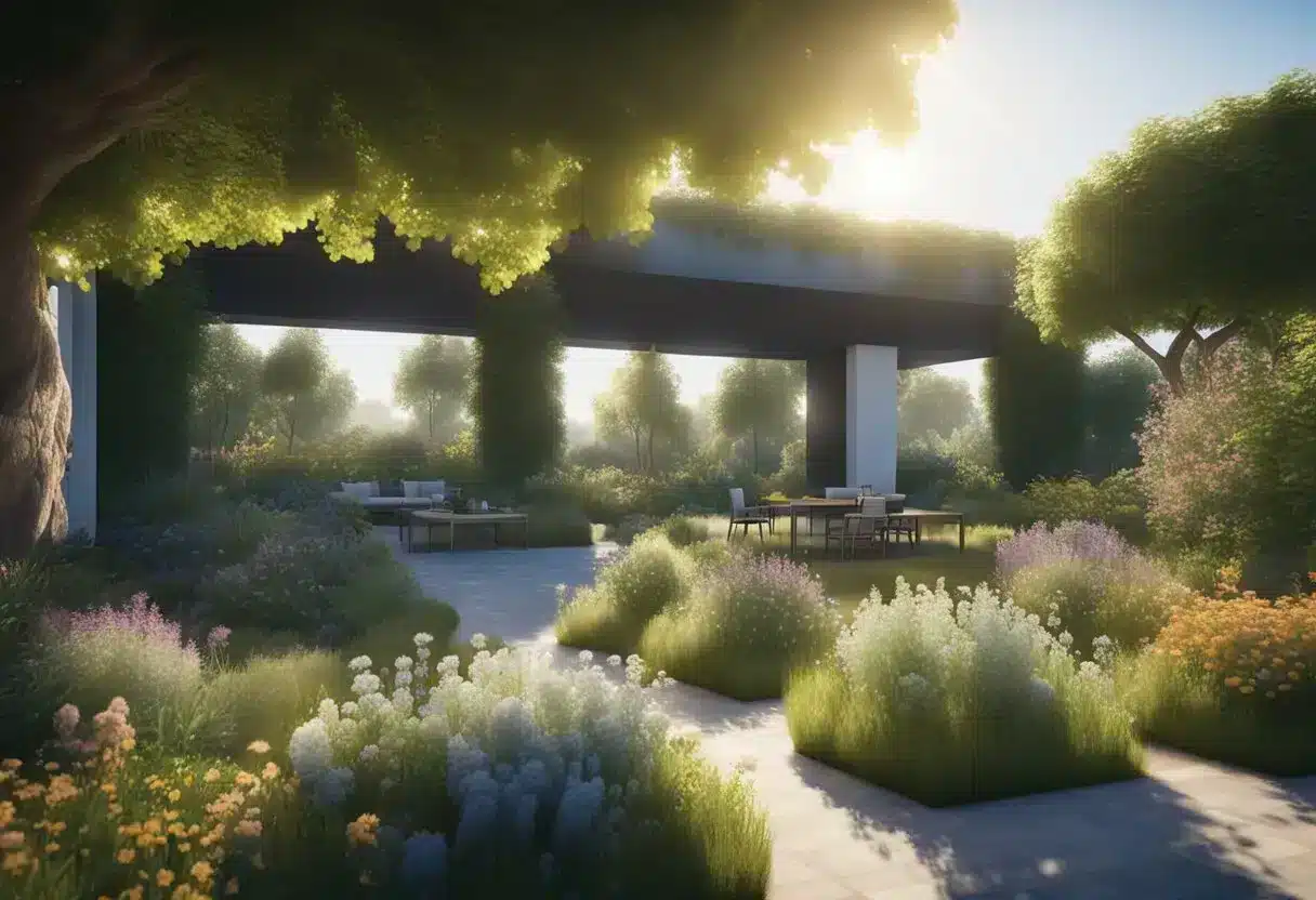 A vibrant garden with diverse plants and trees, accompanied by a glowing sun and clear blue sky, symbolizing the prevention of autoimmune rheumatic diseases