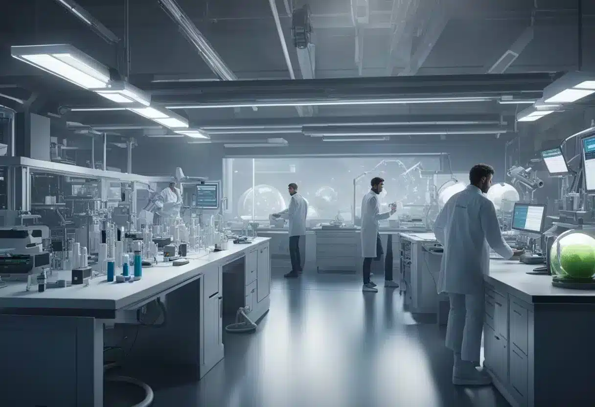 Scientists in a lab, surrounded by cutting-edge equipment, studying autoimmune rheumatic diseases prevention