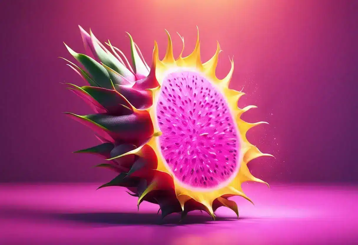 A vibrant dragon fruit surrounded by a halo of light, radiating energy and vitality, with a sense of rejuvenation and wellness emanating from it
