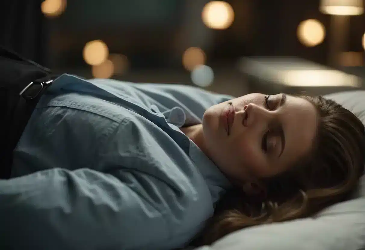 A woman lies back, eyes closed, with a look of pleasure on her face. A man stands nearby, looking confused and unsure