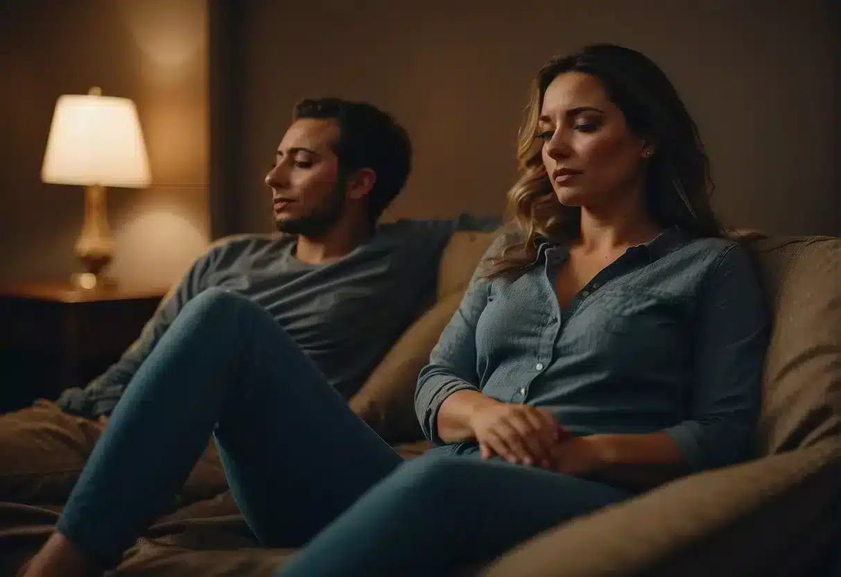 A woman sits alone, frustrated, while her partner sleeps. The unspoken disparity in sexual satisfaction weighs heavily on her mind