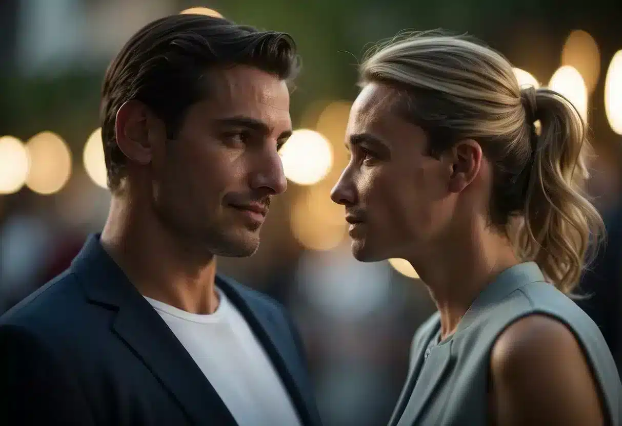 Two figures face each other, one leaning in to speak while the other listens attentively. The body language suggests a deep connection and intimacy