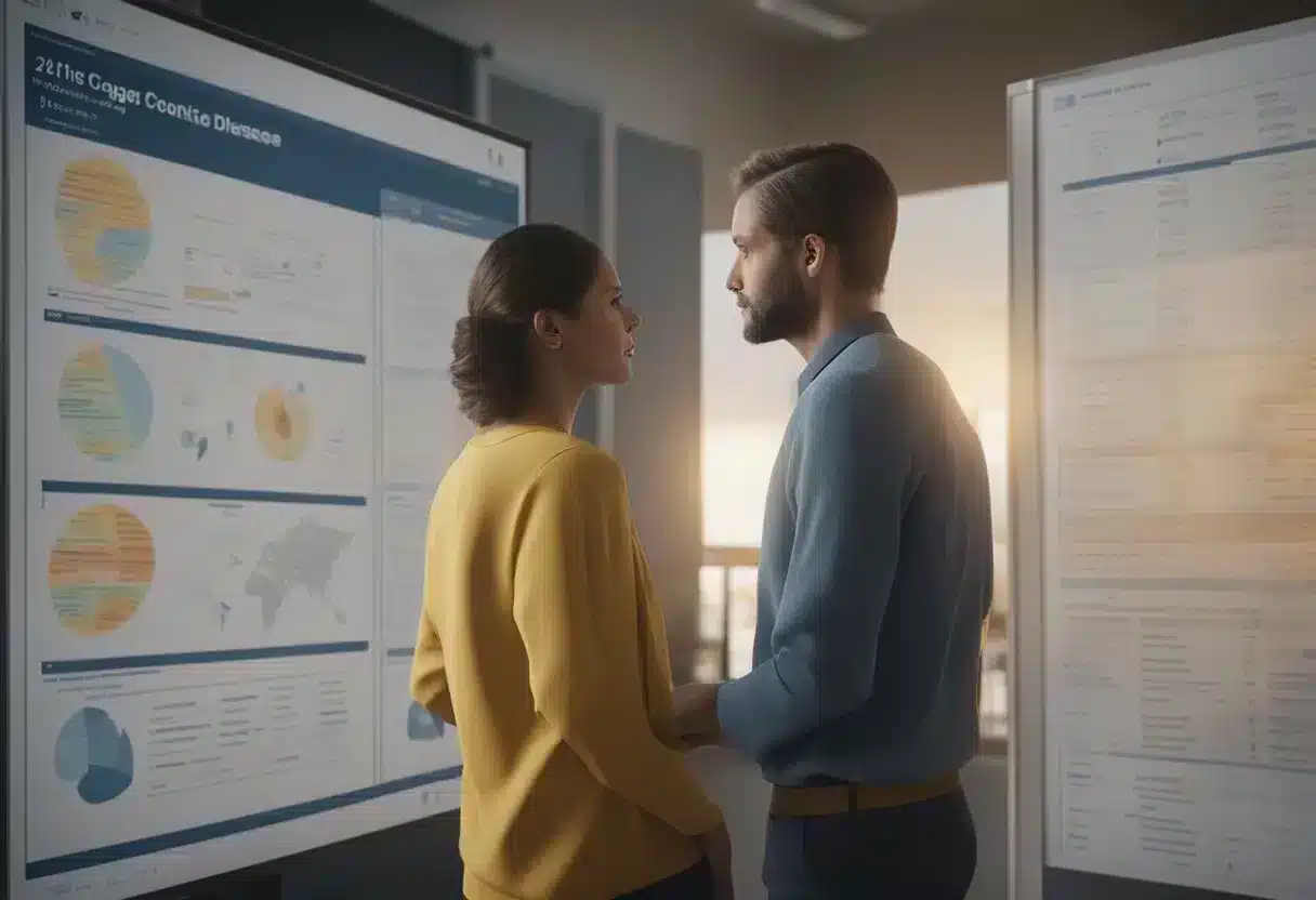 A genetic counselor explains congenital disease risk factors to a couple, using a visual aid of DNA and family history charts