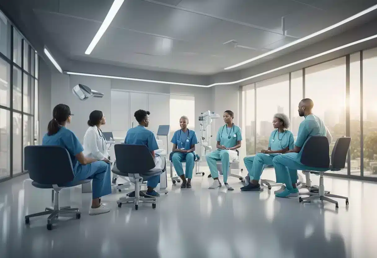 A group of medical professionals discussing congenital disease prevention and control strategies in a modern clinic setting