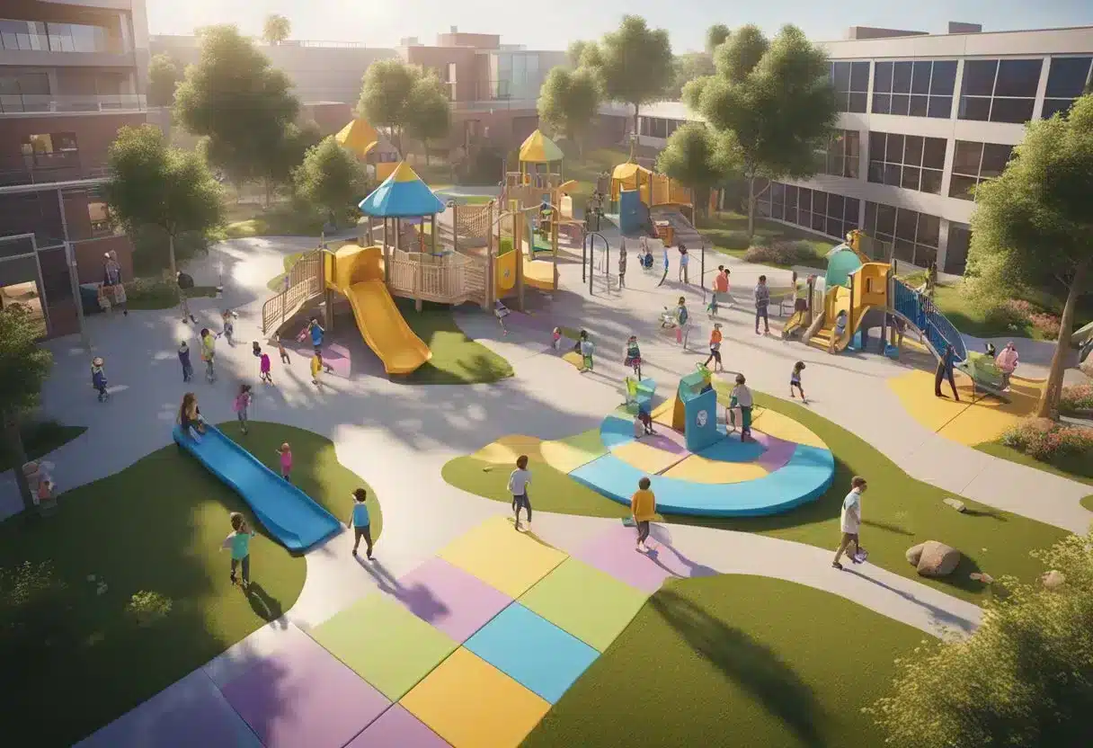 A serene, colorful playground with children playing, surrounded by medical professionals conducting genetic screenings and educational workshops