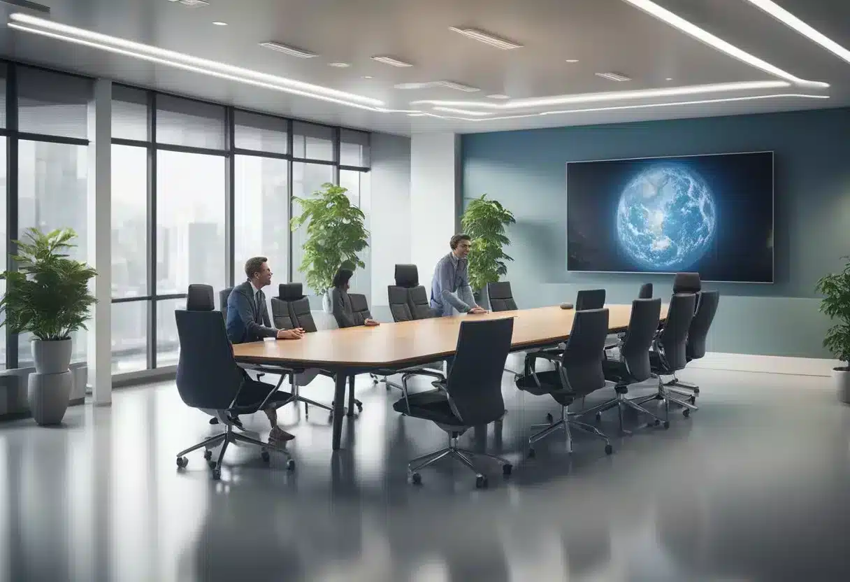 A group of scientists and policymakers discuss strategies to prevent and control congenital diseases in a modern conference room