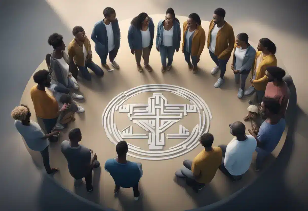 A group of diverse individuals gather around a symbol of unity, representing support for those affected by congenital diseases