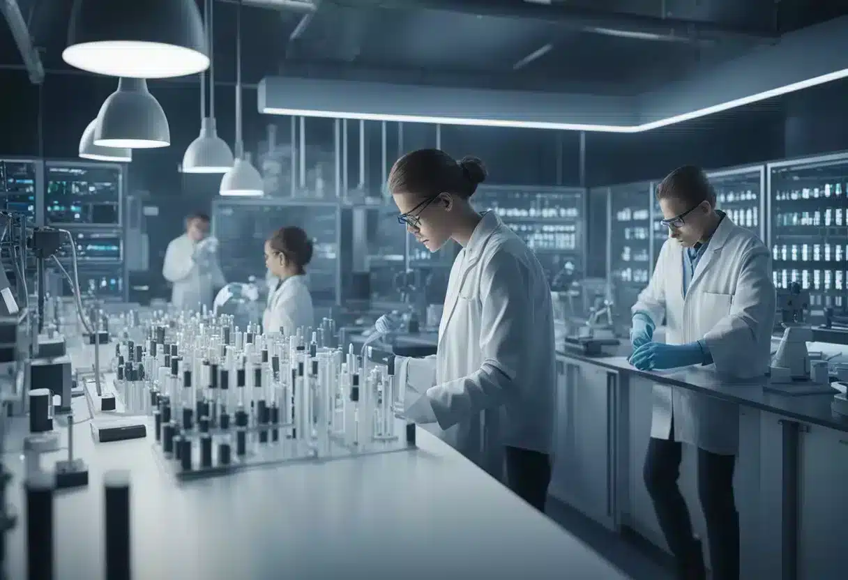 Scientists in a lab, surrounded by microscopes and test tubes, working on genetic research for preventing congenital diseases