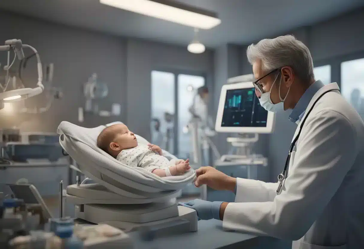 A doctor examines a newborn's genetic makeup for early detection of congenital diseases