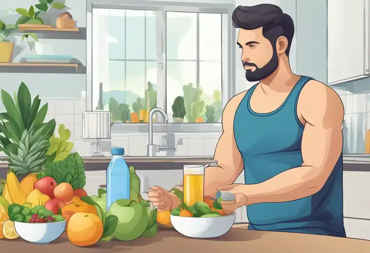 A person exercising, drinking water, and eating healthy foods to prevent genitourinary diseases