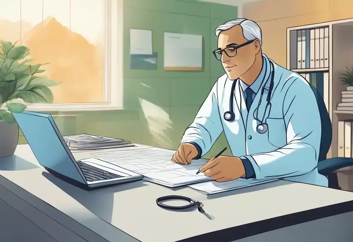 A doctor reviewing charts and diagrams on a computer, while discussing prevention strategies with a patient