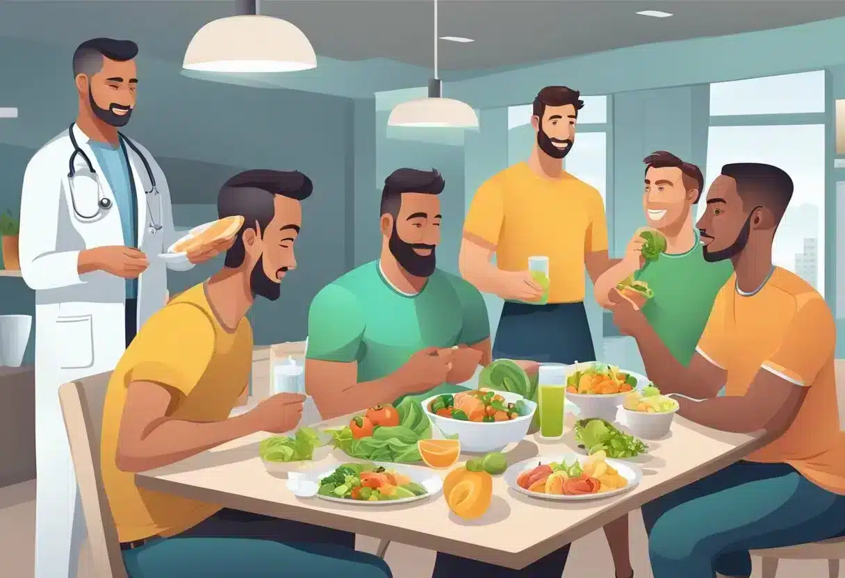 A group of men engaging in physical activities, eating healthy foods, and attending medical check-ups to prevent genitourinary diseases