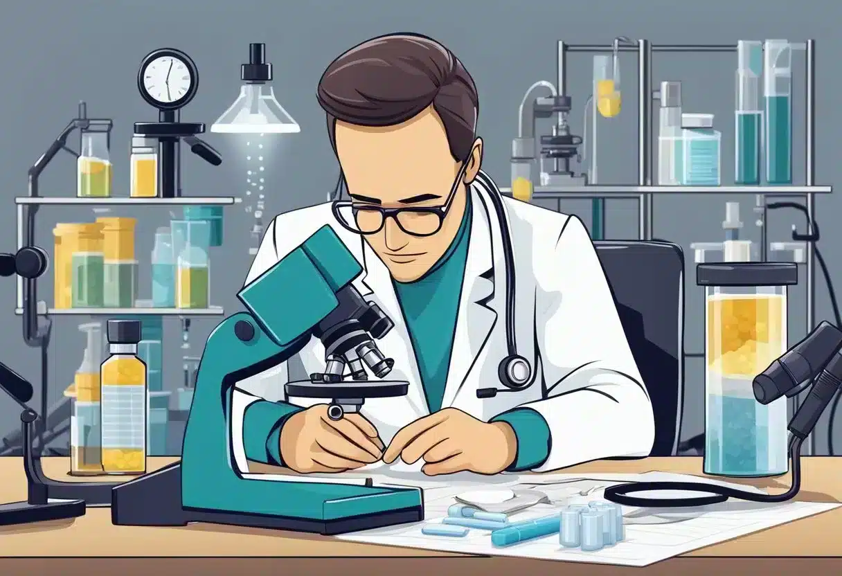 A doctor examines a urine sample under a microscope, surrounded by medical equipment and charts on genitourinary diseases prevention