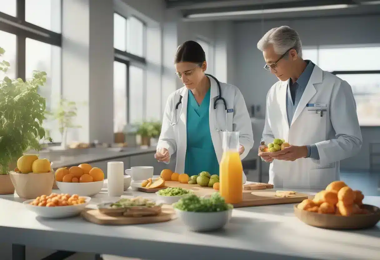 Healthcare professionals discussing anti-inflammatory diet for vasculitis. Charts and food models on table. Bright, clean room with natural light